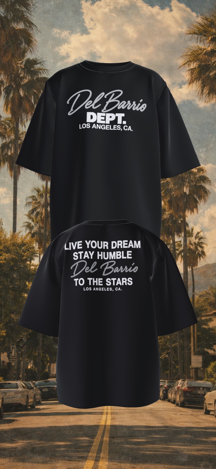Black Del Barrio Dept. shirt, front and back, with gray signature lettering