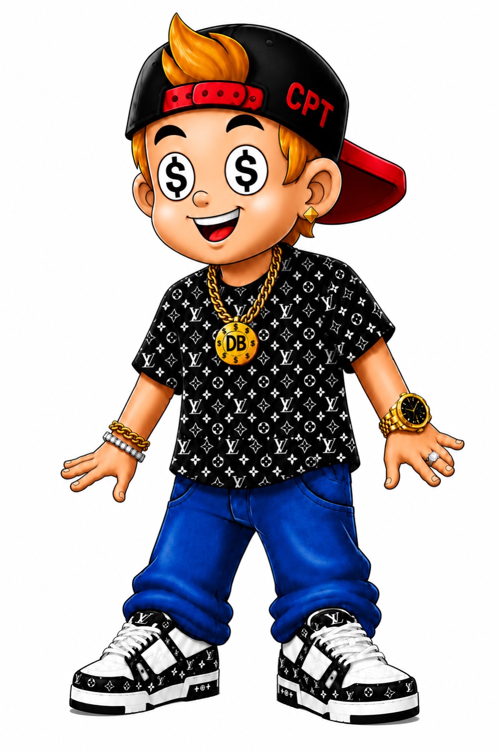Del Barrio Dept.'s main character wearing a black cap, black patterned shirt, blue jeans, gold DB medallion, and sneakers
